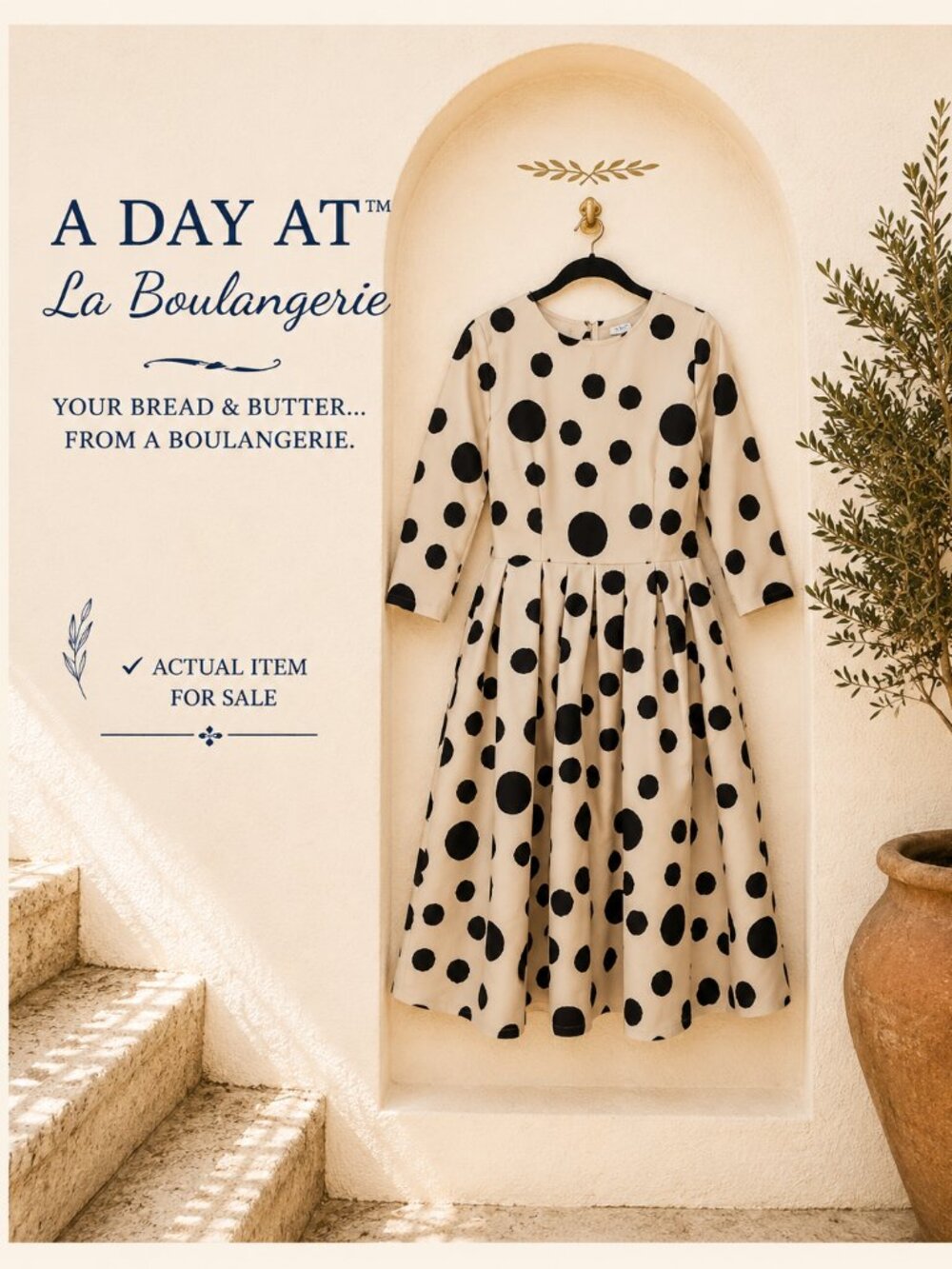 Dainty Jewells Cream Black Polka Dot Midi Modest Fit & Flare Grandmillenial S